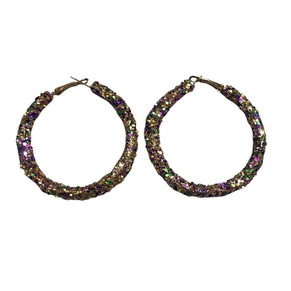 Sparkle Mardi Gras Purple Green Gold Bling Hoop Earrings NWOT‎ Party Sequins
